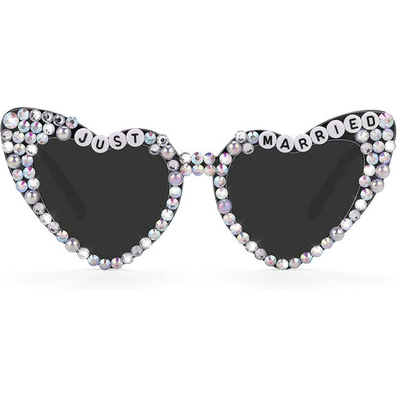 Etercycle Heart Sunglasses, Just Married Women's Sunglasses Bride Gifts, Bridal White Glasses Vintage Pearl Sun Glasses For Bachelorette Party Decorations