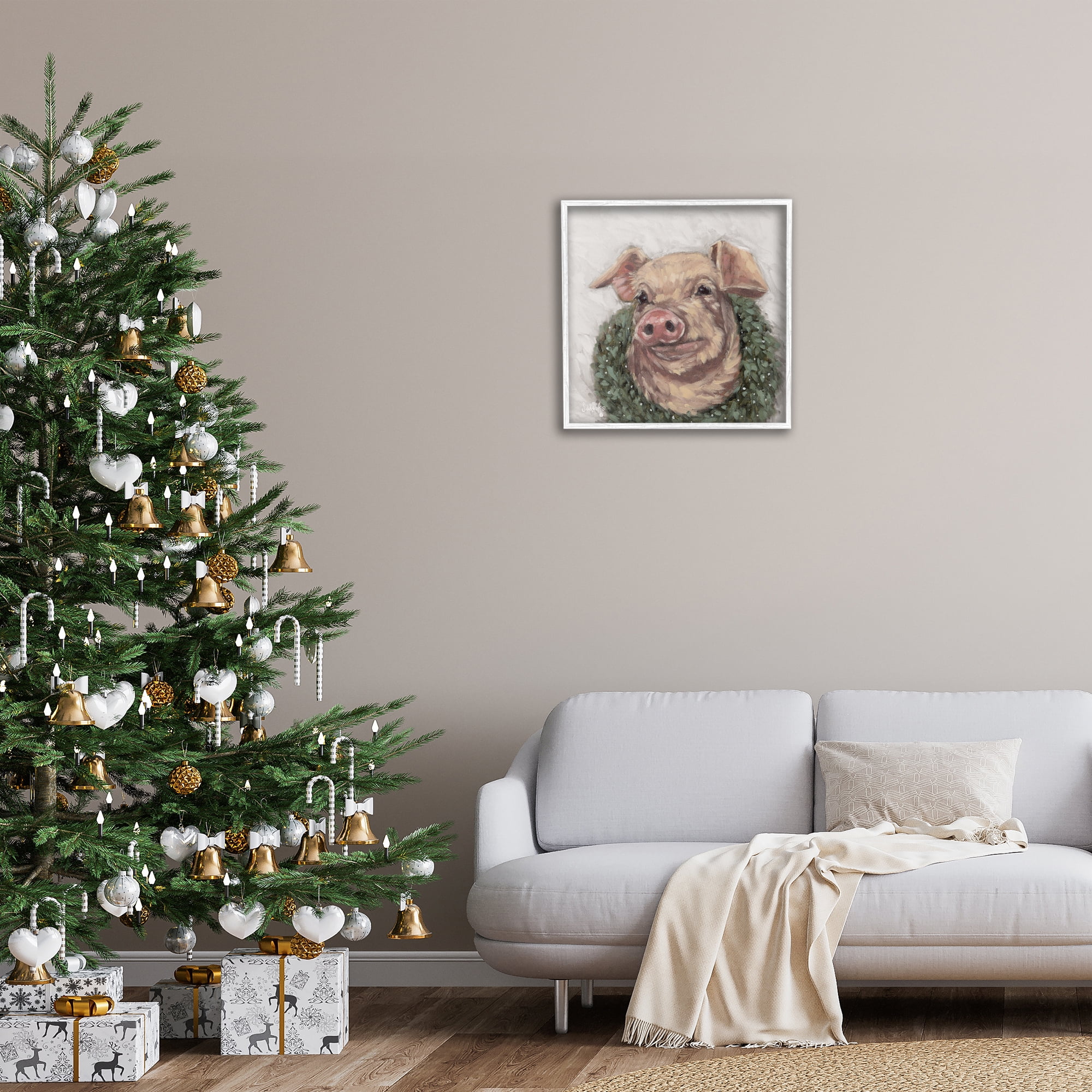 Stupell Industries Pig with Holiday Wreath Holiday Painting White Framed Art Prints Wall Art, 24 x 24