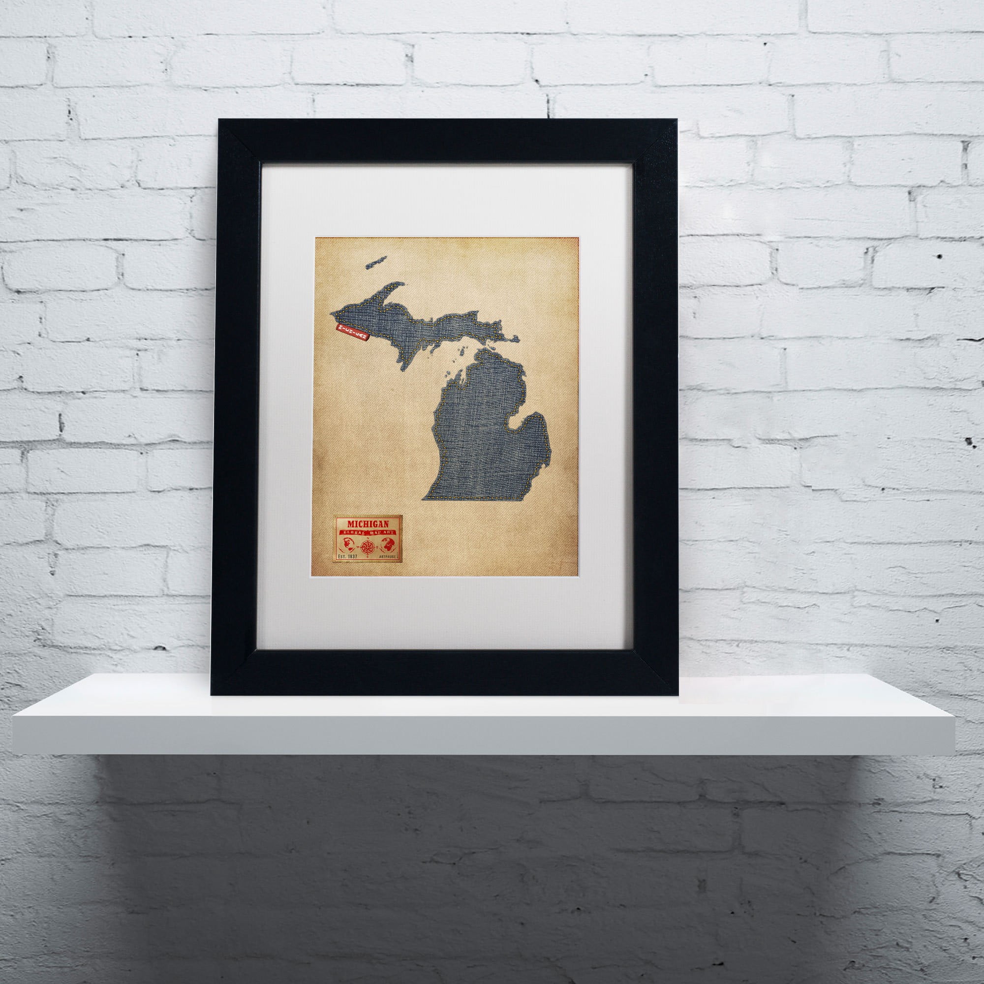 Trademark Fine Art "Michigan Map Denim Jeans Style" Canvas Art by Michael Tompsett, White Matte, Black Frame