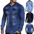 thumbnail image 4 of Floenr Mens T Shirts,Suede Color-blocking Button Lapel Wash Denim Long-sleeved Men's Shirt, 4 of 4