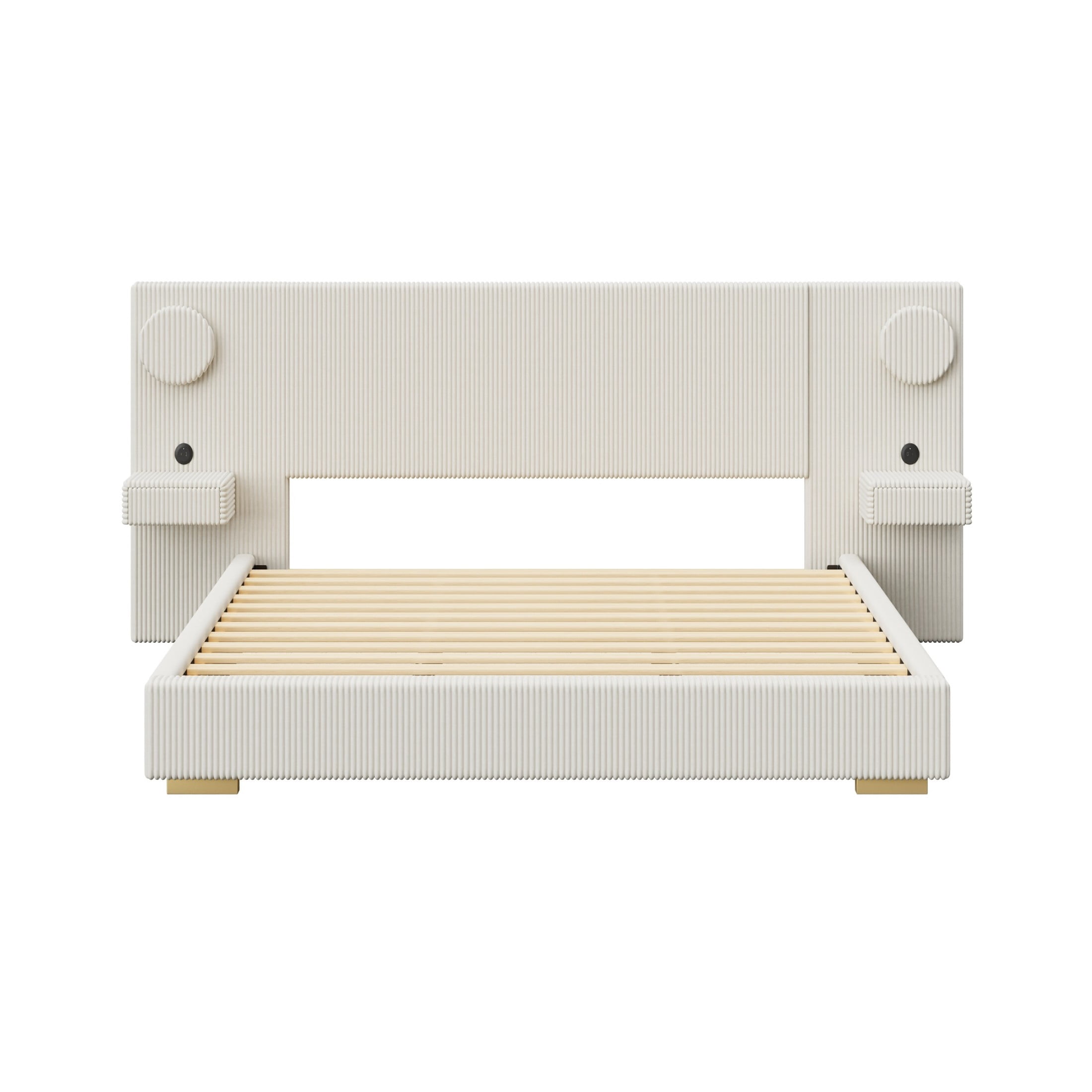 Noble House Dellas King Size Upholstered Platform Bed with LED Lights, Charging Ports & Side Storage Drawers, Beige