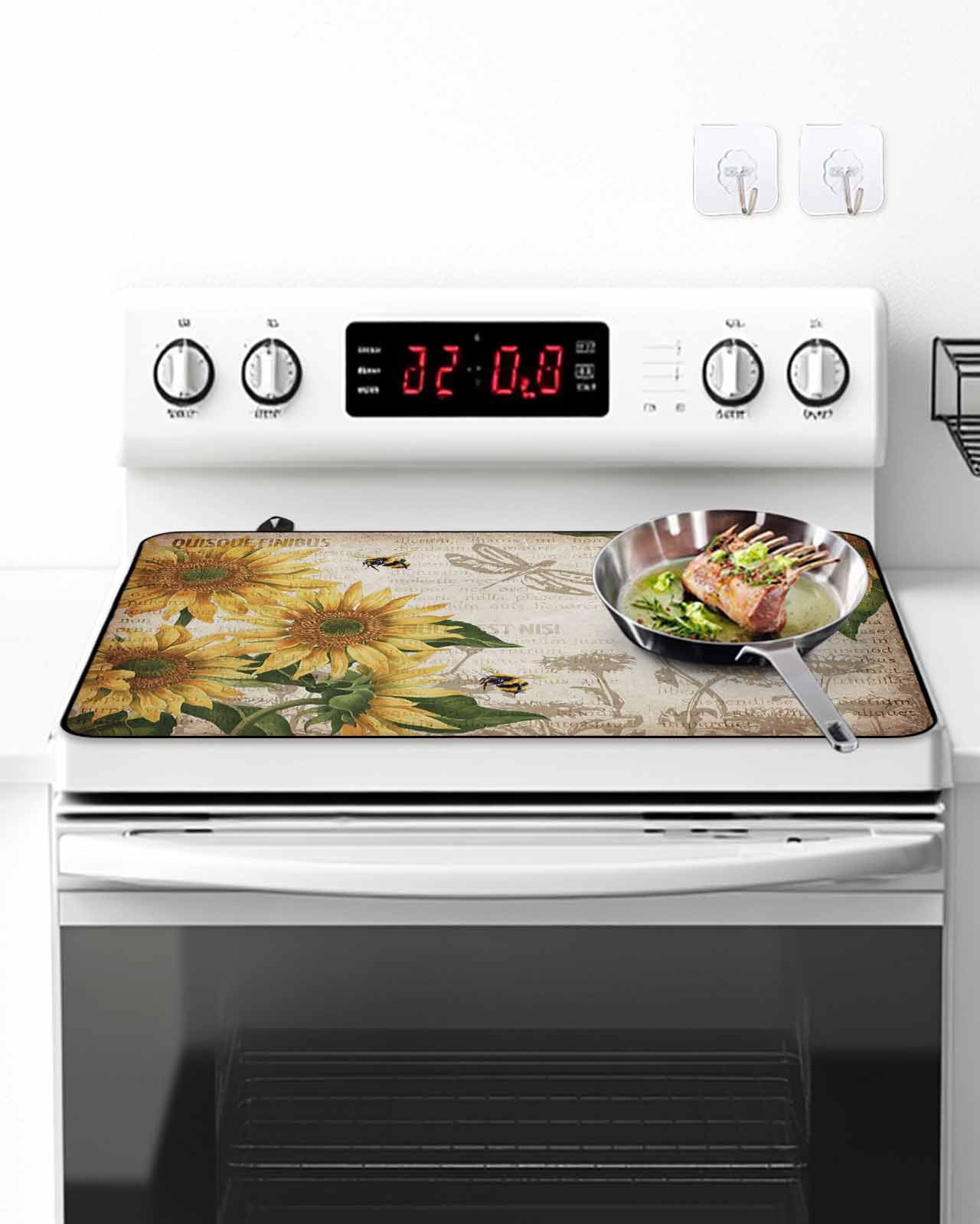 Stove Top Covers for Electric Stove, Sunflowers Glass Stovetop Cover Protector, Vintage Yellow Floral Farm Butterfly Induction Cooktop Protector Oven Mat for Kitchen Countertop 24"x21"