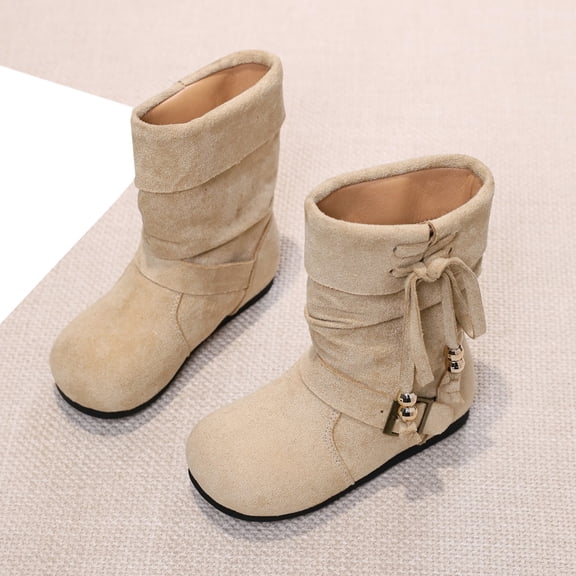 BXJX Girls Mid-Calf Boots, School Slip‑on Fleece Lined Flat Sole Winter Warm Shoes Beige Size 11 Little Kids