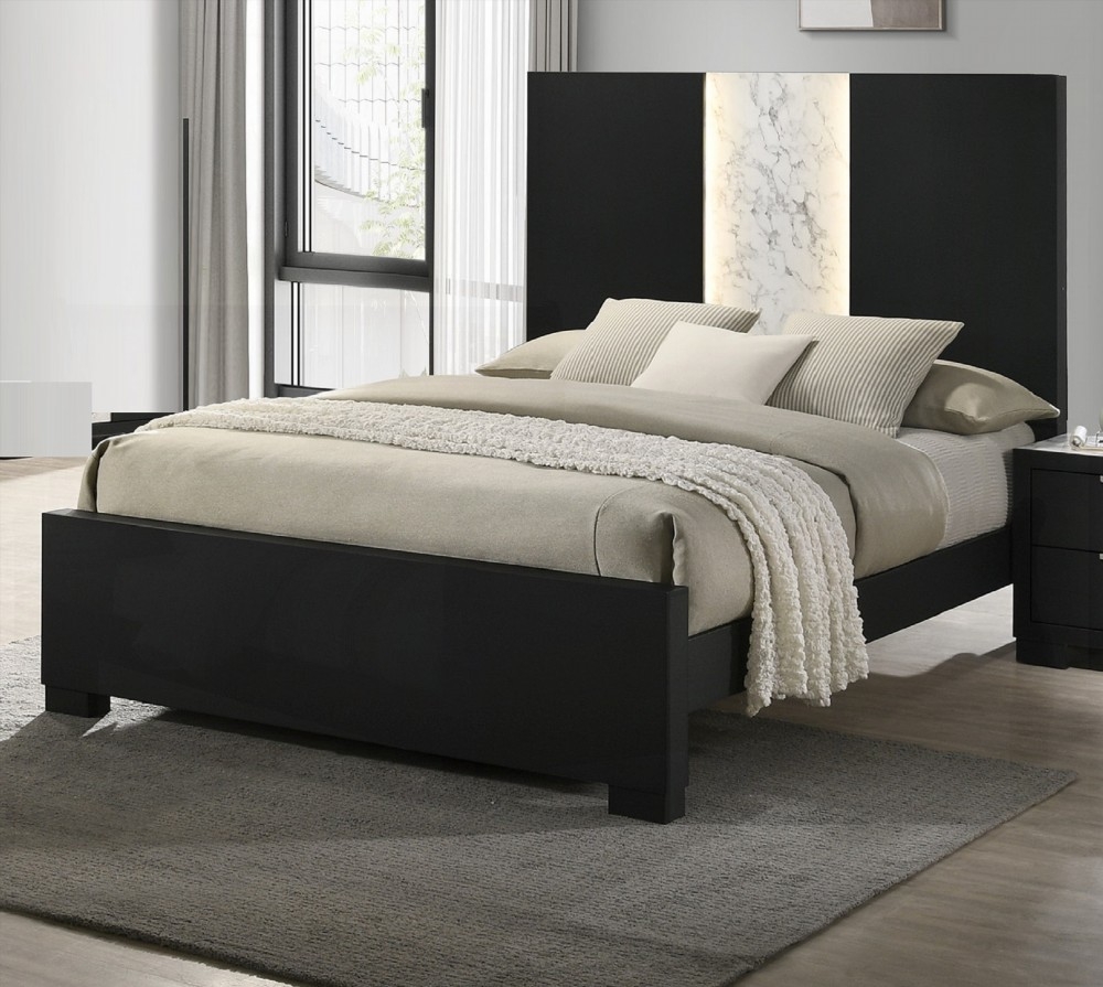 King Size Wooden Platform Bed Frame with Black Finish and LED Light Headboard for Bedroom