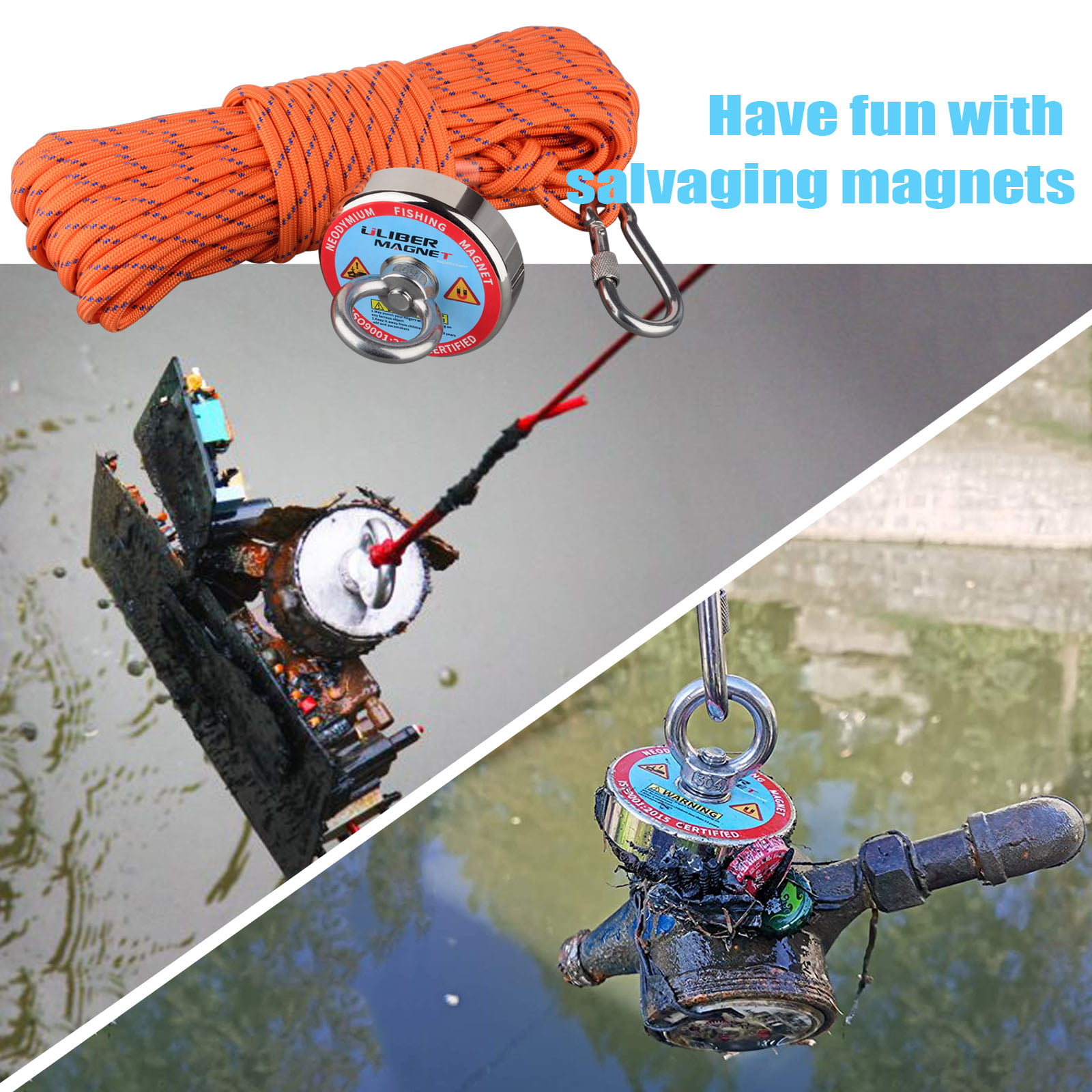 ULIBERMAGNET Double Sided Fishing Magnets Super Strong,Combined 880lb N52  Neodymium Magnet Fishing Kit Starter with Rope,Claw,Gloves for Magnetic