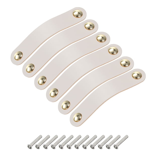 Uxcell 6 Paquetes Tiradores de Cajón de Cuero con Tornillos, Crema/Oro (Espaciado de Agujeros: 96 mm)