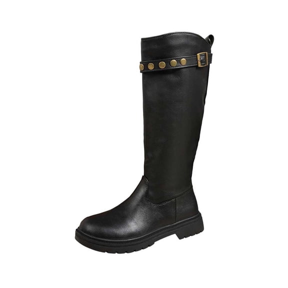 Black Feminine Fashion Casual Winter Long Boots With Round Toe And Front Lace-Up For Breathable Design