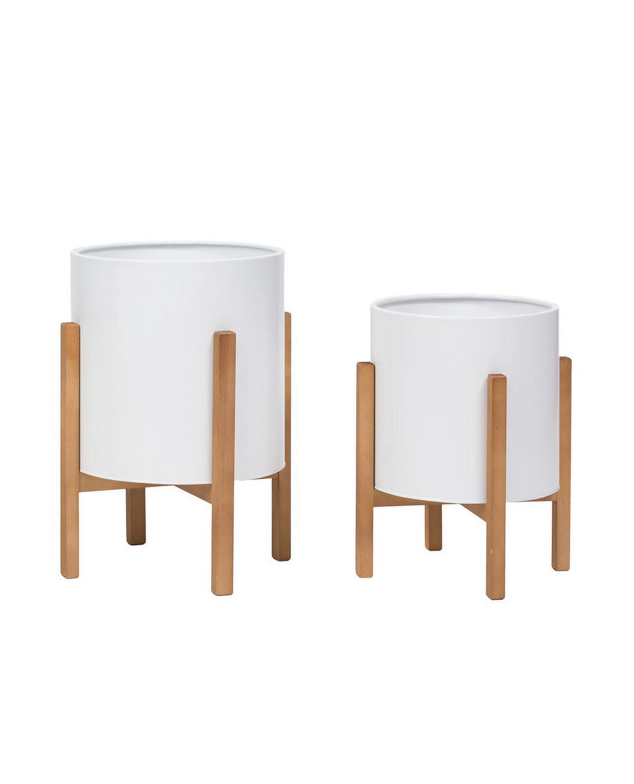 Raya White Planter Pot With Kinsley Wood Planter Base - (Small & Medium Set)