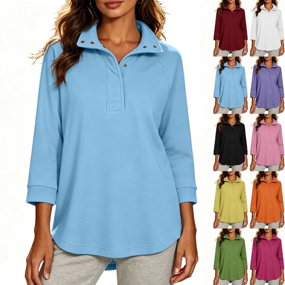 Sweatshirt Dqueduo Women's Fall/Winter Casual Lapel Button-Front Sweatshirt – Three-Quarter Sleeves Blue XL