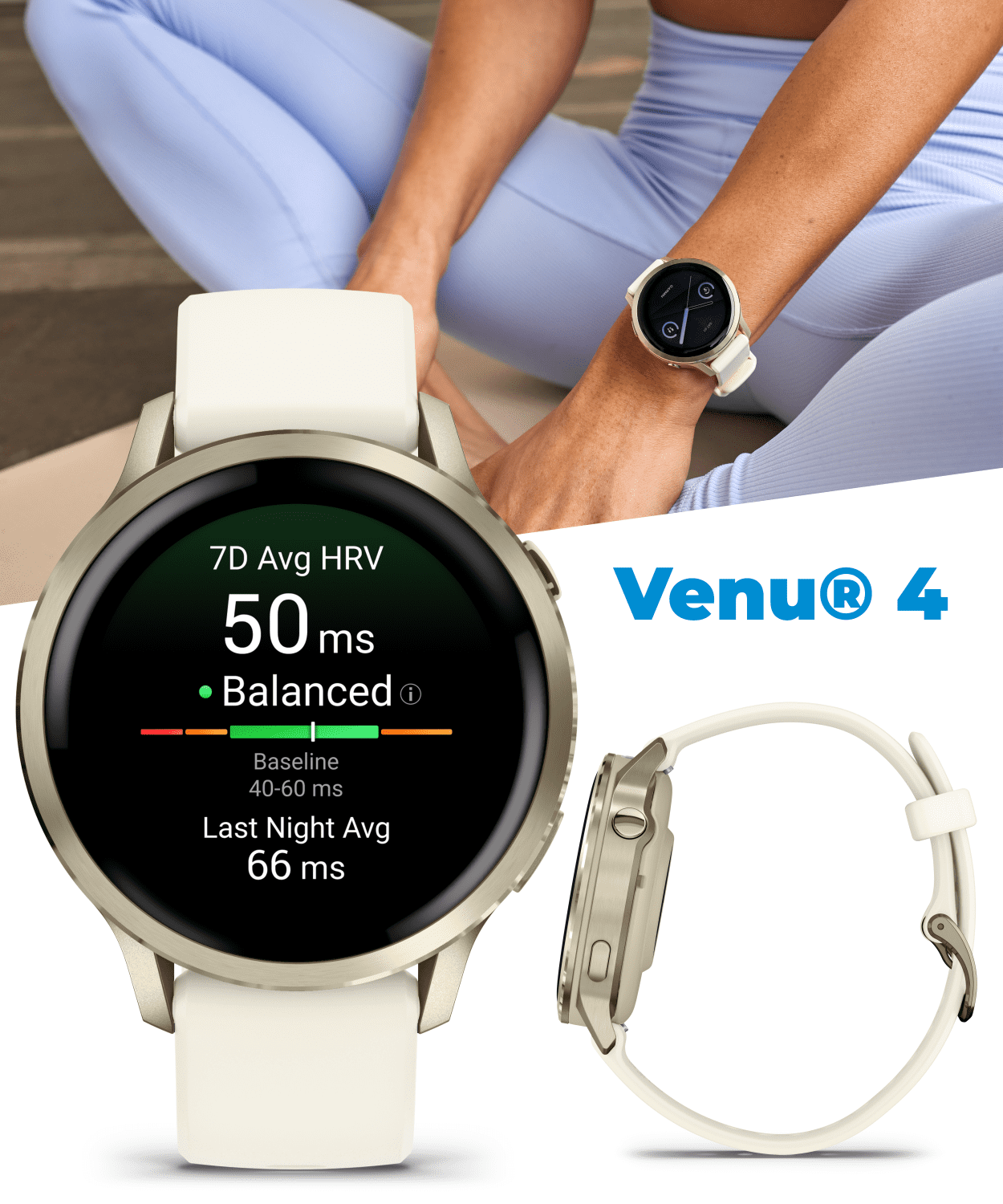 Garmin Venu 4 - 41mm AMOLED Advanced Health & Fitness GPS Smartwatch, Bright & Colorful Display, Flashlight, Up to 10 Days, Lunar Gold w/Bone Silicone Band w/Wearable4U White EarBuds Bundle