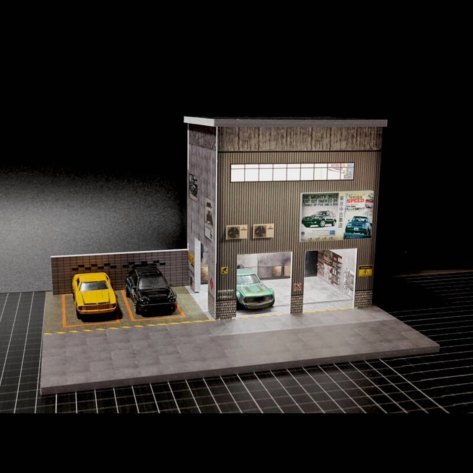 NUEIOVRW Diorama 1:64 Parking Lot Model, LED Lighting Diecast Car Garage Display Model, Car Showroom Scene Building Model Toy Gift, Car Models Display Case