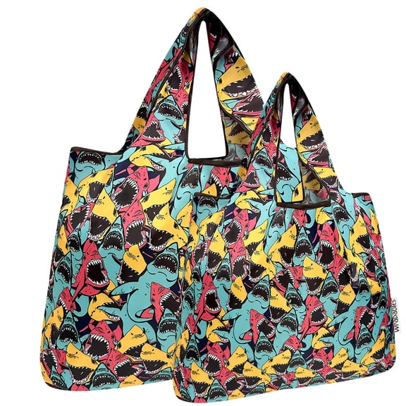 Wrapables Large & Small Foldable Tote Nylon Reusable Grocery Bags, Set of 2, Sharks