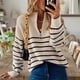 thumbnail image 2 of Suéter de cuello alto europeo y americano de otoño e invierno con rayas de colores a juego, suéter de manga larga con cremallera superior para mujer, 2 of 5