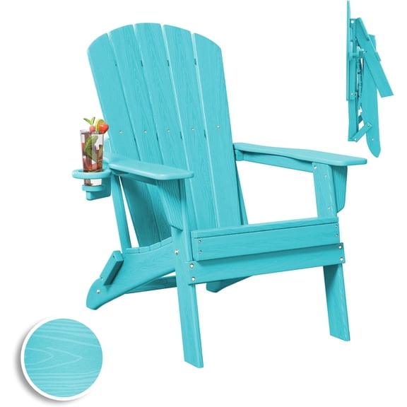 Folding Adirondack Chair, SGS Tested, Wooden Textured with Cup Holder, Heavy All-Weather HDPE Comfortable Set Poolside Backyard Lawn Navy Blue