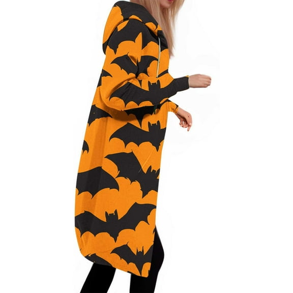 WXLWZYWL Womens Plus Size Halloween Hoodies Long Sleeve Retro Halloween Graphic Print Cardigans Coat Full Zip Up Casual Loose Long Hooded Sweatshirts Coats