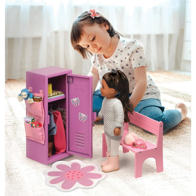 Badger Basket Doll Locker Set with Bench, Rug, and Accessories for