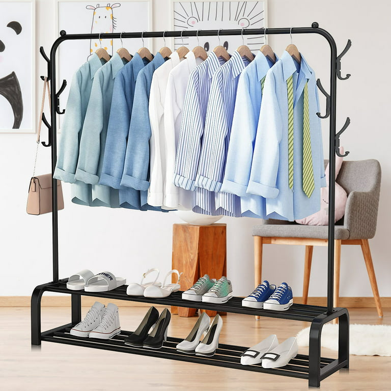 Garment Racks, Clothing Rack for Hanging Clothes, Garment Rack W/6 Hooks &  2-Tier Storage Shelf, 43.31*13.78*57.48 Inches, Single Rail Clothes Rack