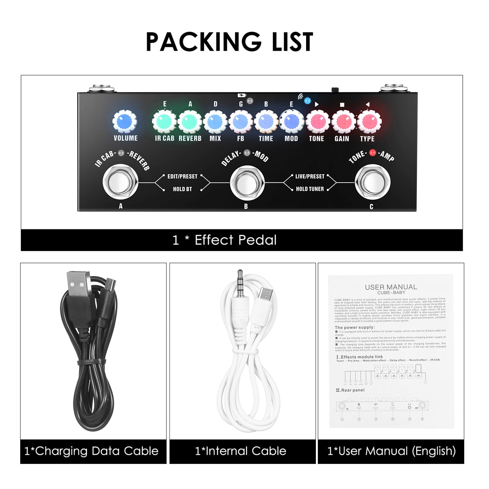 Guitar Combined Effect Pedal Pedal CUBE BABY Portable Multifunctional Electric Guitar Combined Effect Pedal with Wireless Music Playback Phone Recording Audio Type-C Interface Function