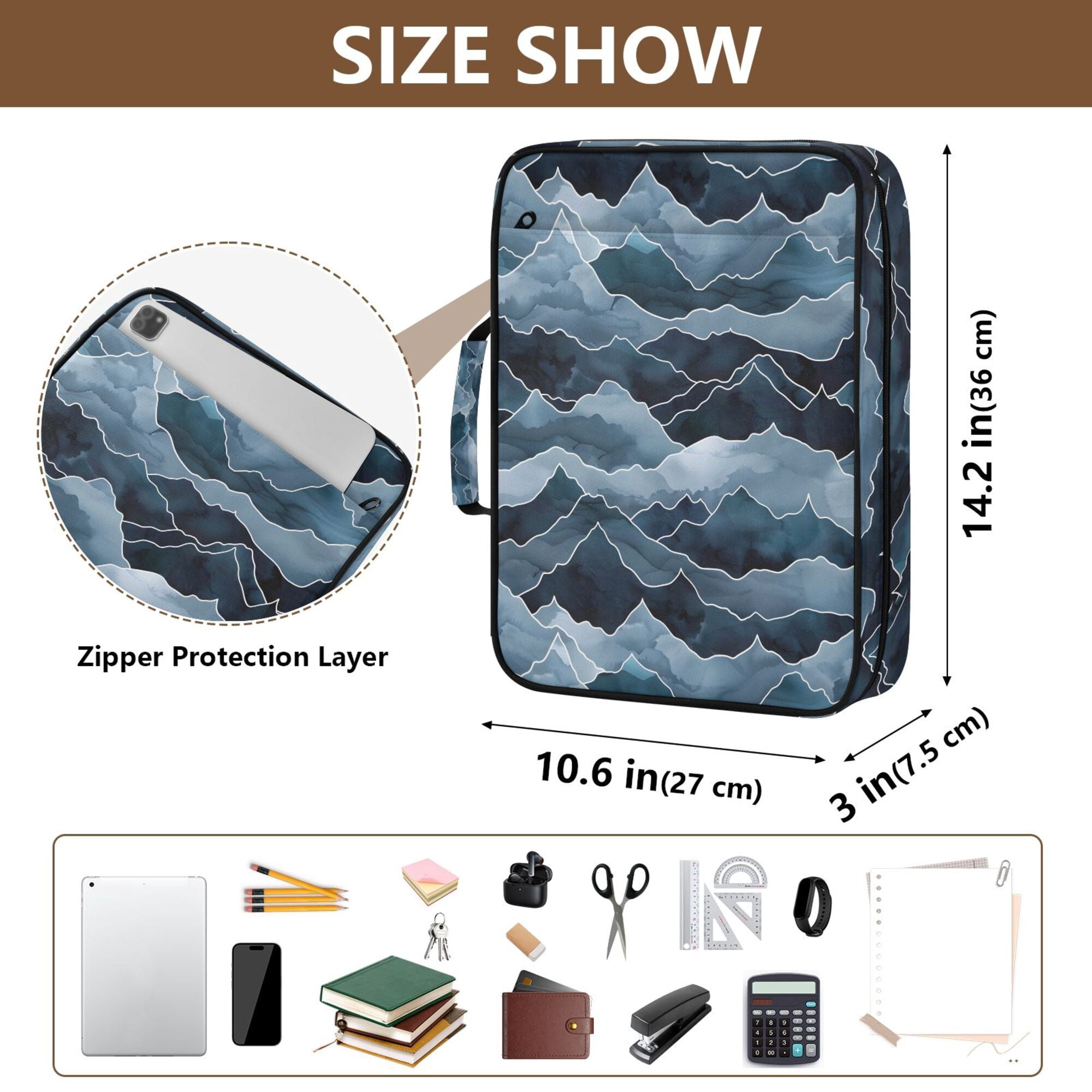 FORMRS Accordion File Folder A4 Size 7-Pocket Expanding Document Organizer Bag with 3 Ring Binder, Blue Watercolor Mountain Pattern