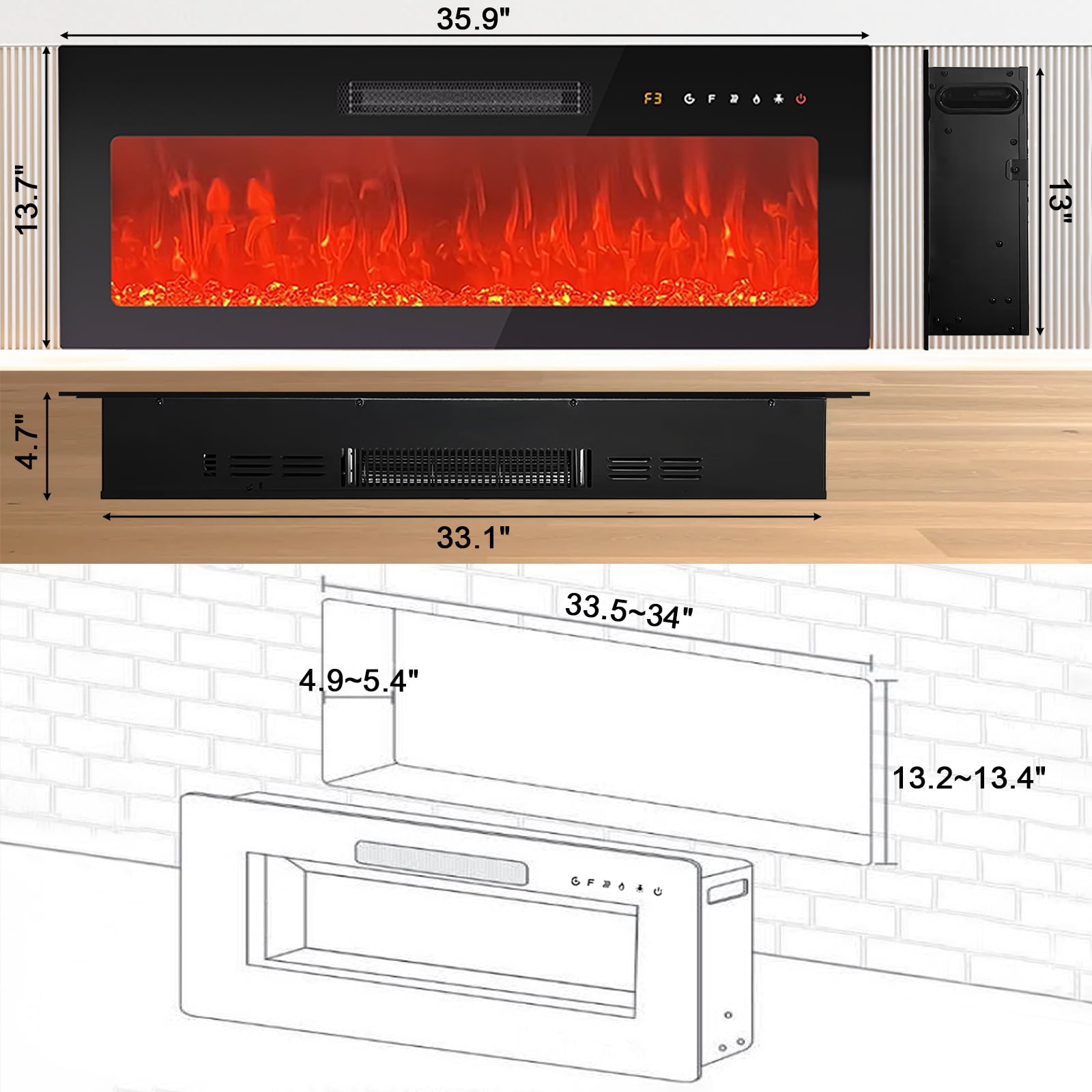 Redayfur 69" TV Stands with Electric Fireplace for TVs up to 80",Remote Control and LED Lights,Black