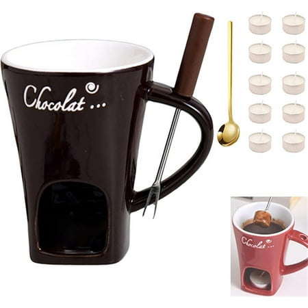 

Fondue Cups Tealight Double Vented Fondue Cups Set Chocolate Fondue Mugs Set with Forks Ceramic Chocolate Fondue Coffee Cup Mini Ceramic Fondue Mugs Gift Set with with Forks & 10 Candles-Coffee