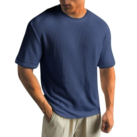 ADSSDQ Men's Round Neck Short Sleeve Waffle Knit Tee Summer Casual T Shirt Tops Blue 4XL