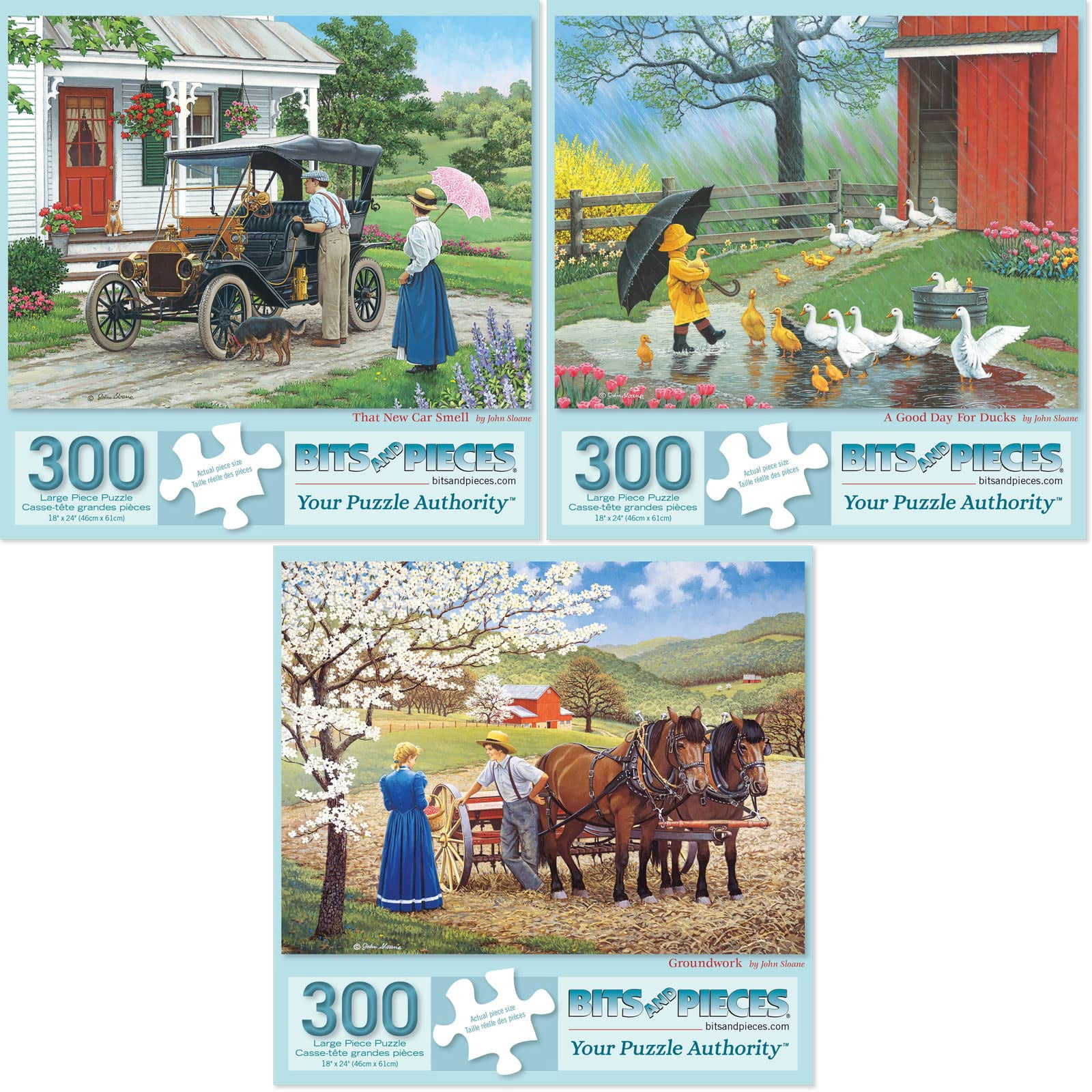 Bits and Pieces Set of (3) 300 Piece Jigsaw Puzzles New Car Smell & Ducks by John Sloane 18" x 24"