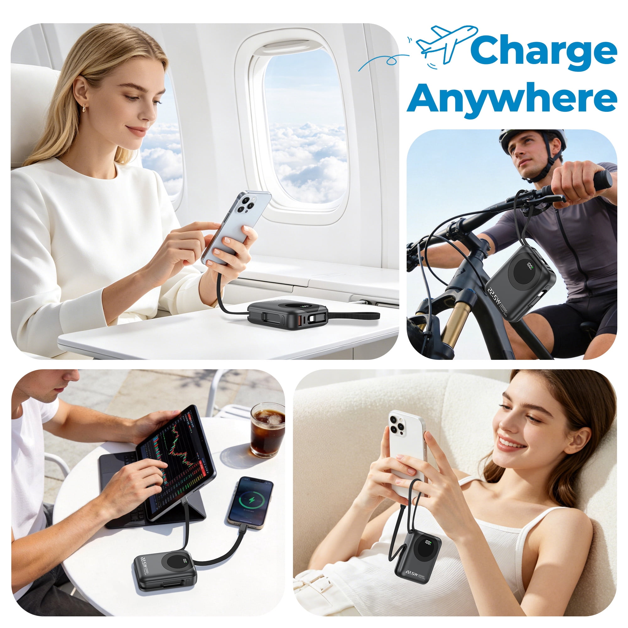 20000mAh Ultra Mini Portable Charger Power Bank,22.5W Fast Charging Phone Charger with Built-in Lanyard-style Charging Cables,Travel Charger Battery Pack for iPhone 17/16 Samsung,iPad,Black