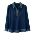 thumbnail image 5 of Sweater with Denim Collar and Cuffs, Yigetop Sweatshirt for Women Long Sleeve Button Collared Denim Shirt Casual Patchwork Knit Pullover Trendy Spring Tops Knitted Denim Shirt Dark Blue, 2XL, 5 of 5
