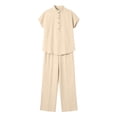 thumbnail image 5 of Idoravan womens 2 piece sets casual sets Women Linen Two Piece Set Short Sleeve Stand Collar Shirt And Wide Leg Pants Casual Summer Outfit, 5 of 8