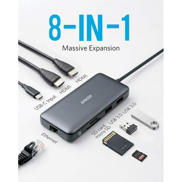 USB C Hub, PowerExpand 8-in-1 USB C Adapter, with Dual 4K HDMI, 100W Power Delivery, 1 Gbps Ethernet, 2 USB 3.0 Data Ports, SD and microSD Card Reader, for MacBook Pro,