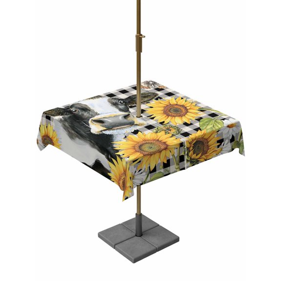 Outdoor Tablecloth with Umbrella Hole for Patio/Picnic/Party/Camping, Retro Sunflowers Waterproof Table Cloth Square Cover Washable, Farmhouse Floral Cow Butterfly Black Plaid (54"x 54")