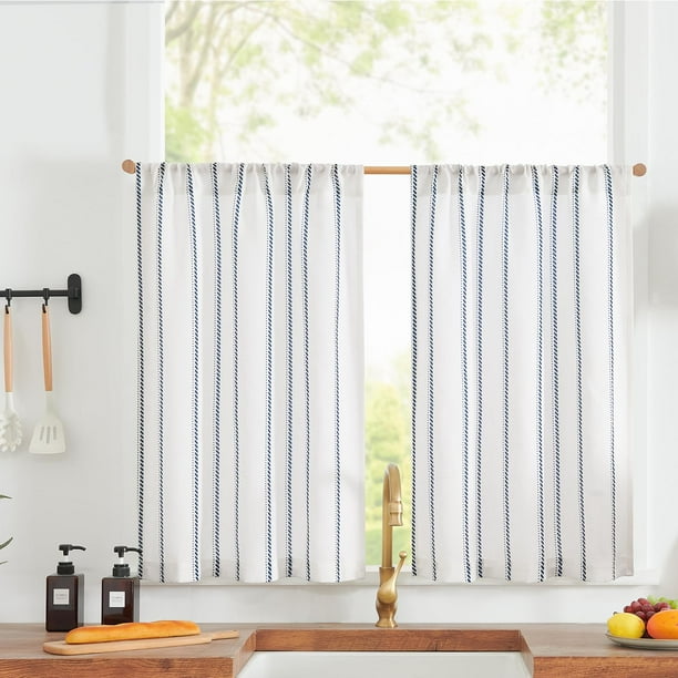 Cortinas de Cocina de Lino a Rayas Jinchan 60x60 cm Azul sobre Blanco