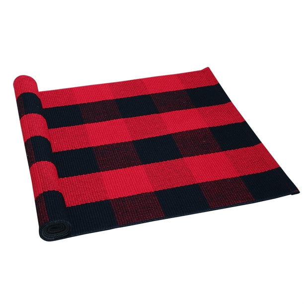 Home Cotton Woven Plaid Area Floor Rug Carpet Mat Rugs Red Black