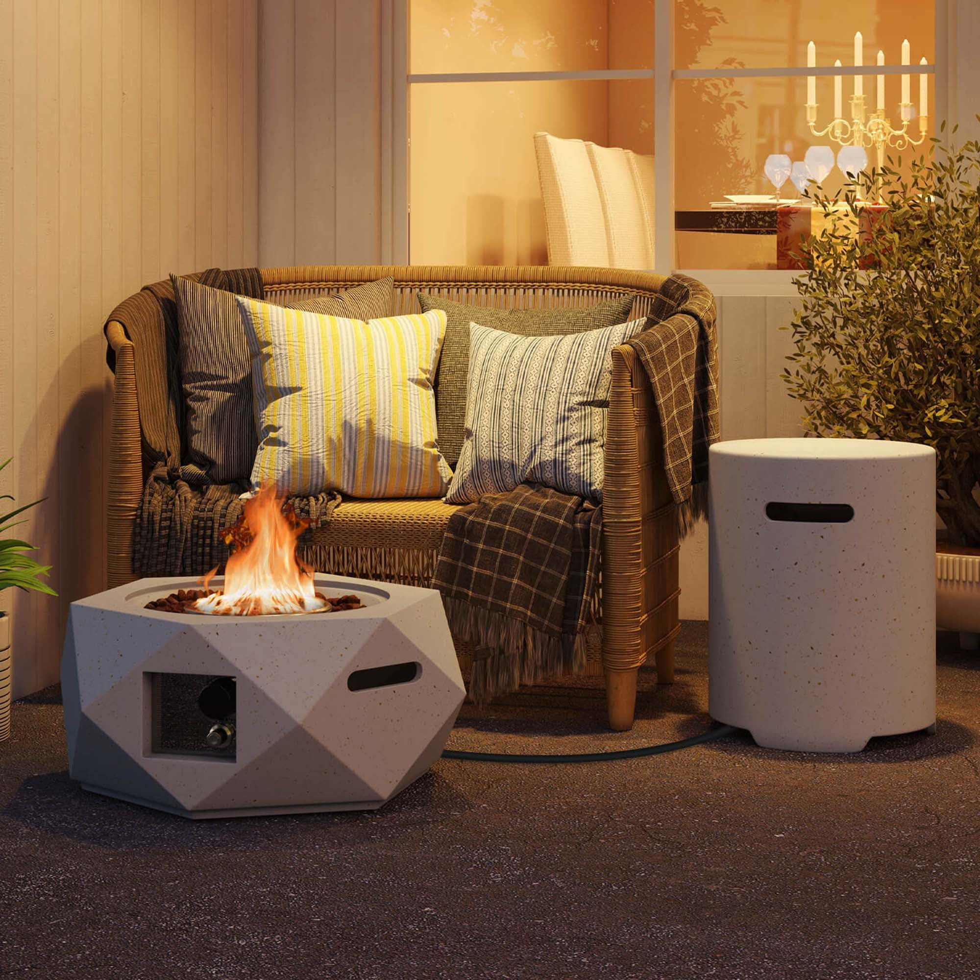 Costway 28" Hexagon Terrazzo Propane Gas Fire Pit Table Set with Hideaway Tank Holder