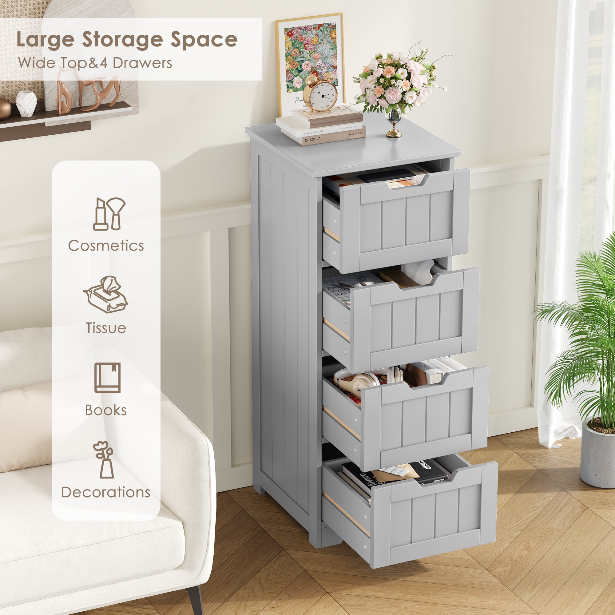 Homfa Bathroom Storage Cabinet, Free Standing Narrow Cabinet with 4 Drawers Entryway Storage Organizer for Living Room Bedroom, Grey