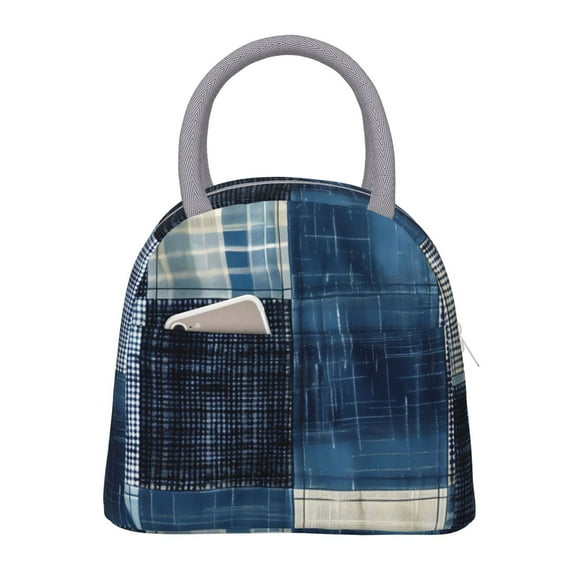 Disketp Indigo Patchwork Quilt Bolsa Térmica para Almuerzo, Lonchera con Abertura Amplia y Gran Capacidad, Organizador Reutilizable para Mujeres, Hombres y Adultos