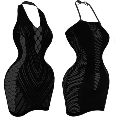 2 Pack Fishnet Dress for Women  Black Fish Net Lingerie Bodysuit Chemise Nighty Women s Mesh Lace Dress  One Size Fits All