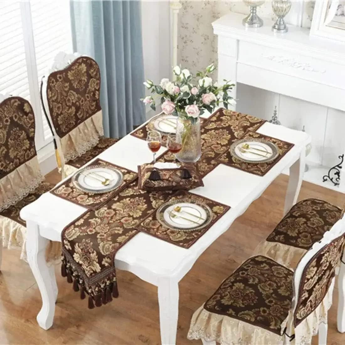 CHUNTIAN French Country Luxury Floral Pattern Table Runner with Beads Tassels Kitchen Decor Silk Blend Tea Table Table Runners (Beige,13" W x 89" L)