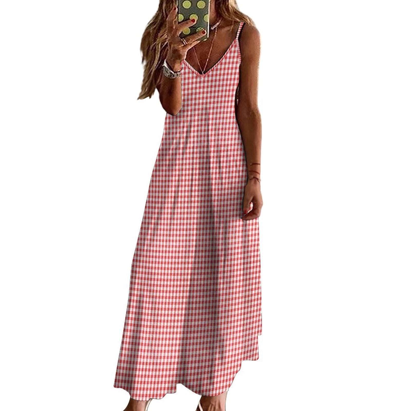 Red Gingham Check Sleeveless Dress Dresses Women Summer Women's