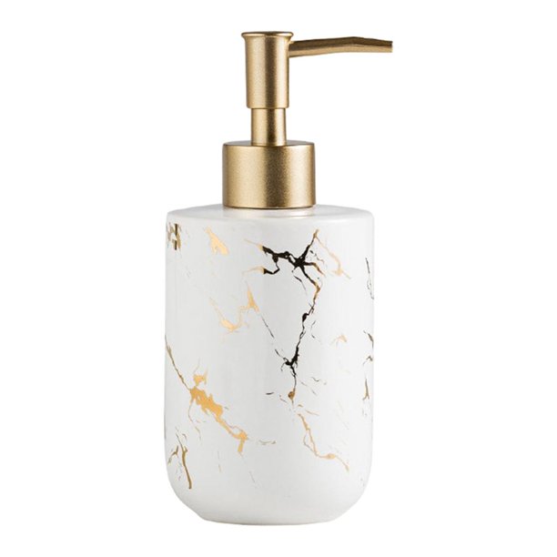 Dispensador de jabón de cerámica rellenable de 300 ml con diseño de mármol y aceites esenciales. blanco