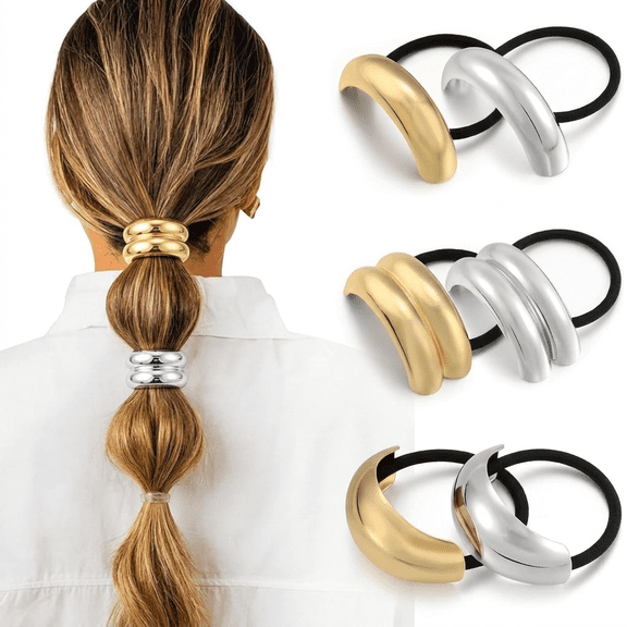 6PCS Metal Hair Ties, Gold & Silver Ponytail Holders, Smooth Alloy Hair Cuff Bands, Elastic Hair Scrunchies for Women, Minimalist Ponytail Cuff Accessories for Thick & Thin Hair