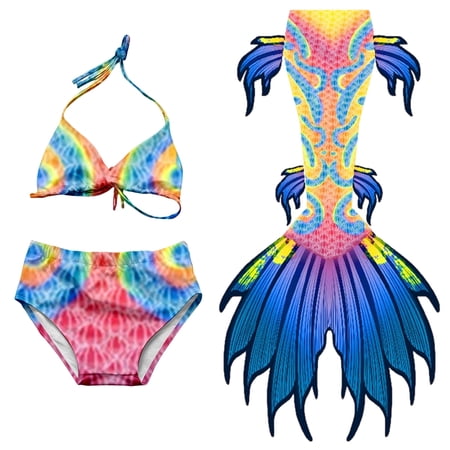 Lkhaha Girls Swimsuit Fish Scale Print Bikini Tail 3 Piece Set UPF 50+ Swimwear Blue 13-14 Years