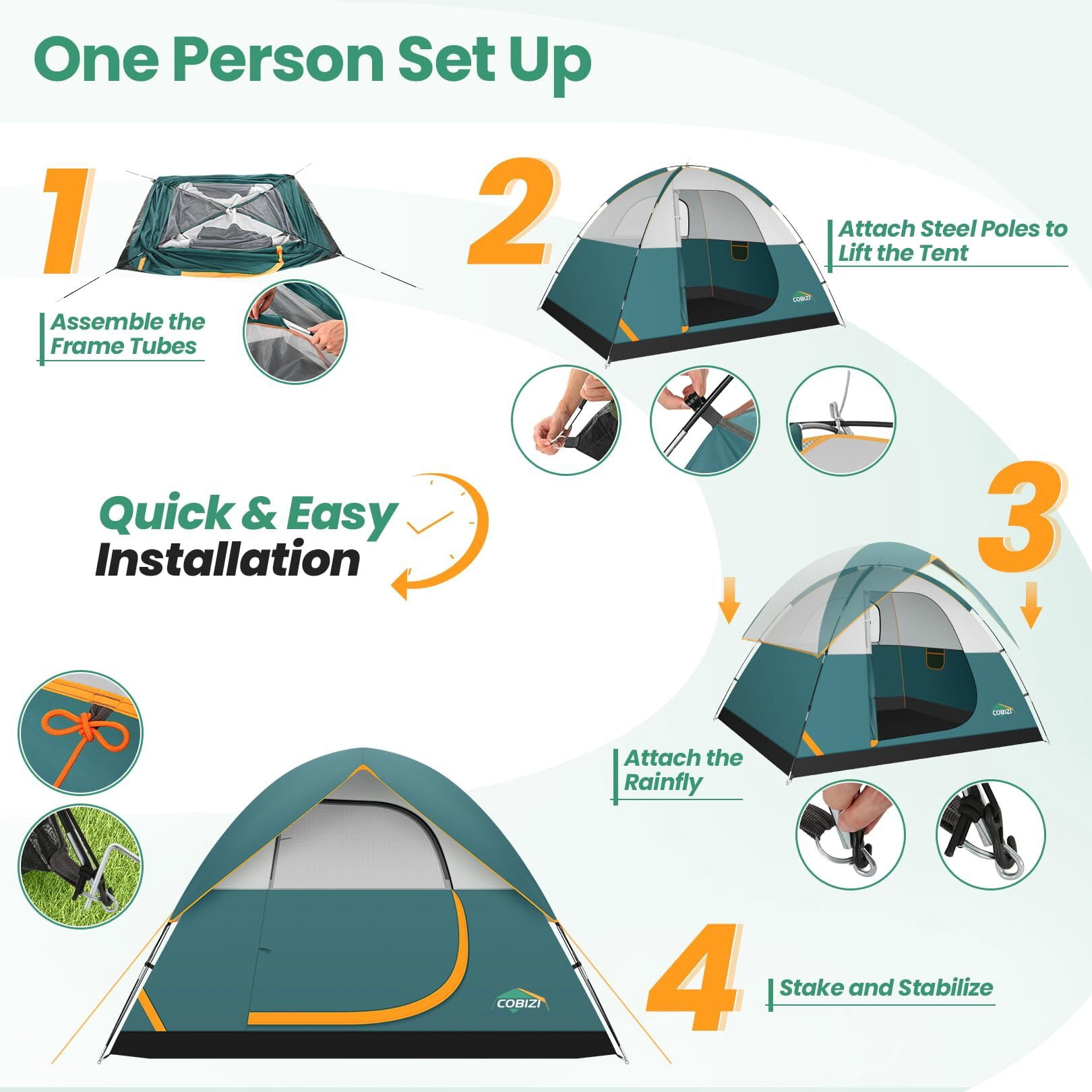 COBIZI Tents for Camping 4/6 Person Camping Tent with Rainfly and Screen, Easy Setup Lightweight Portable Waterproof Outdoor Tent with Carry Bag for Backpacking, Hiking, Family Travel