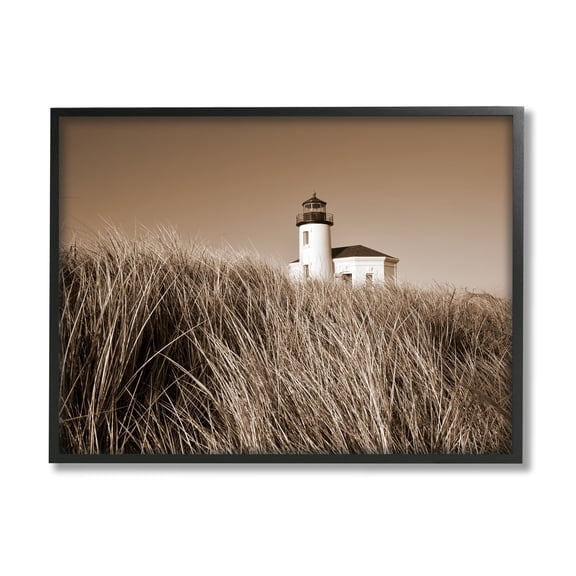 Stupell Industries Seaside Lighthouse Beach Grasses Photography Coastal Photography Black Framed Art Print Wall Art