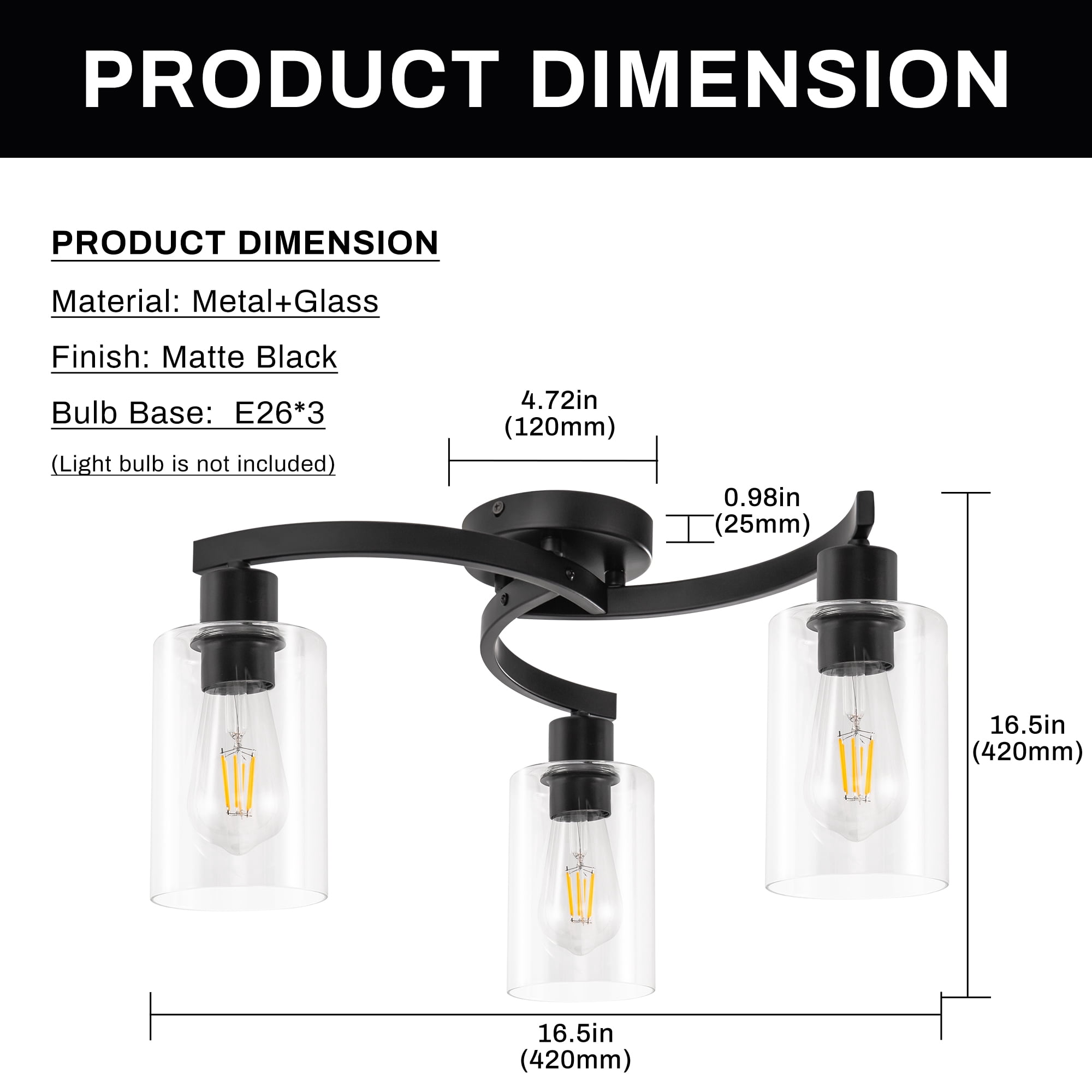 YANSUN 11.8 in 3-Light Matte Black Semi-Flush Mount, Ceiling Fixture with Clear Glass Shades for Bedroom, Living Room, Hallway & Entryway