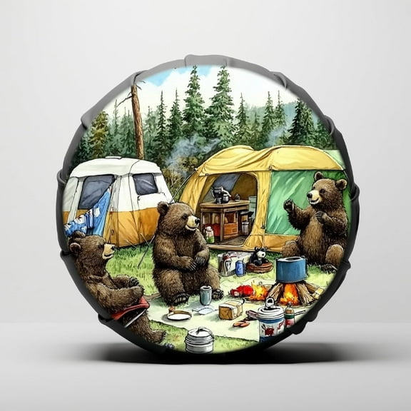 Camping Bears Tire Cover Animal Spare Tire Covers Polyester Soft Weatherproof Universal Wheel Tyre Protector with Contraction Strap for Car Trailer RV SUV Truck Camper Travel 29.5 Inch