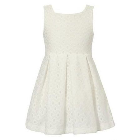 Girls White Solid Color Waist Belt Textured Sundress 7/8