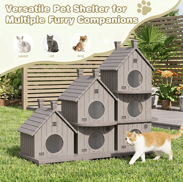 Fazzn Outdoor Cat House with Porch: Weatherproof Insulated Shelter for Cats, Kittens, and Puppies, Including Feral Cats. Features Multiple Entrances, an Elevated Base, and Easy Assembly.Blue/Brown