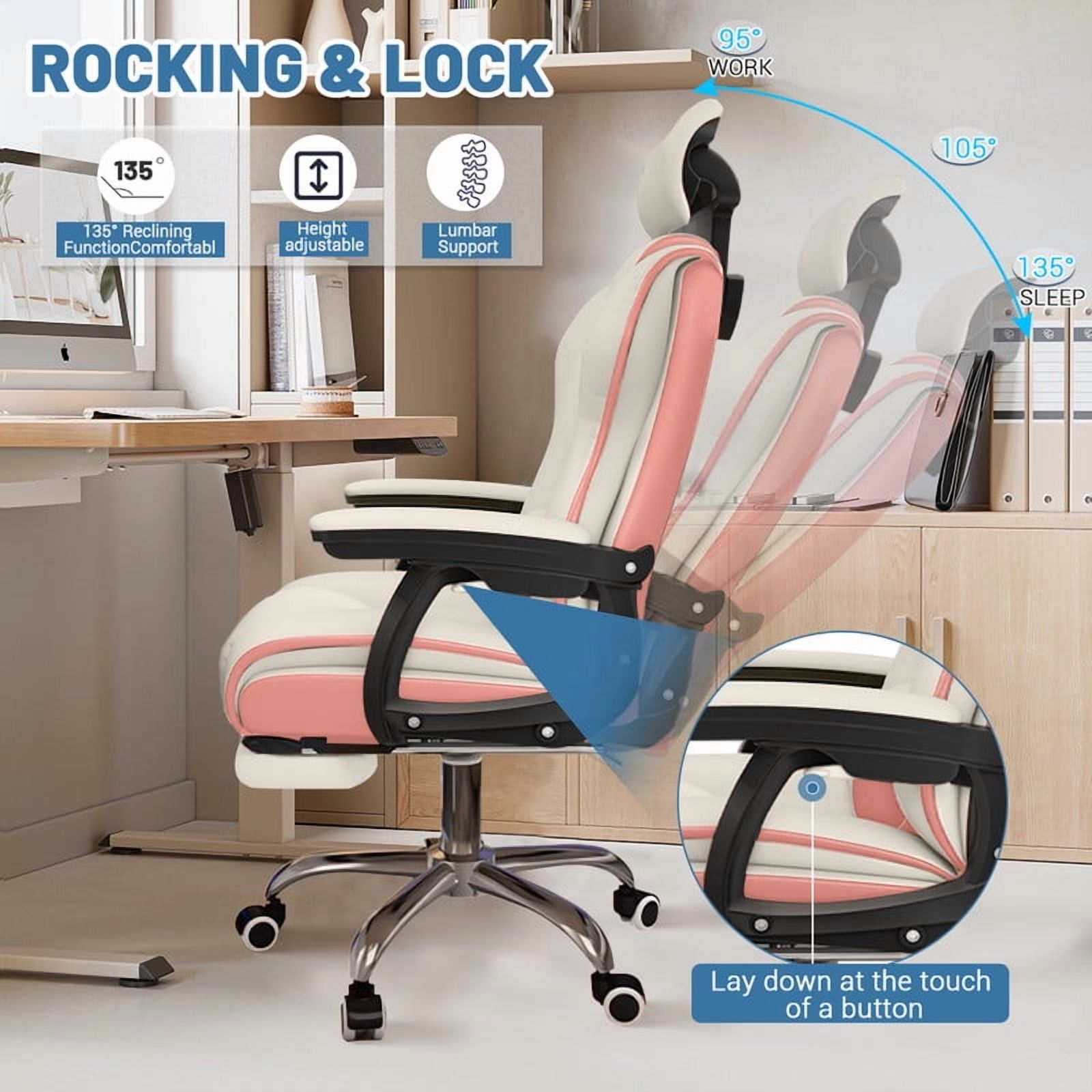 WXJHL Executive Computer Chair Home Office Desk Chair,Adjustable Angle, Ergonomic Adjustable Height PU Leather Chairs with Cushions Armrest for Long Time Seating-High Office Chair （White-Pink）